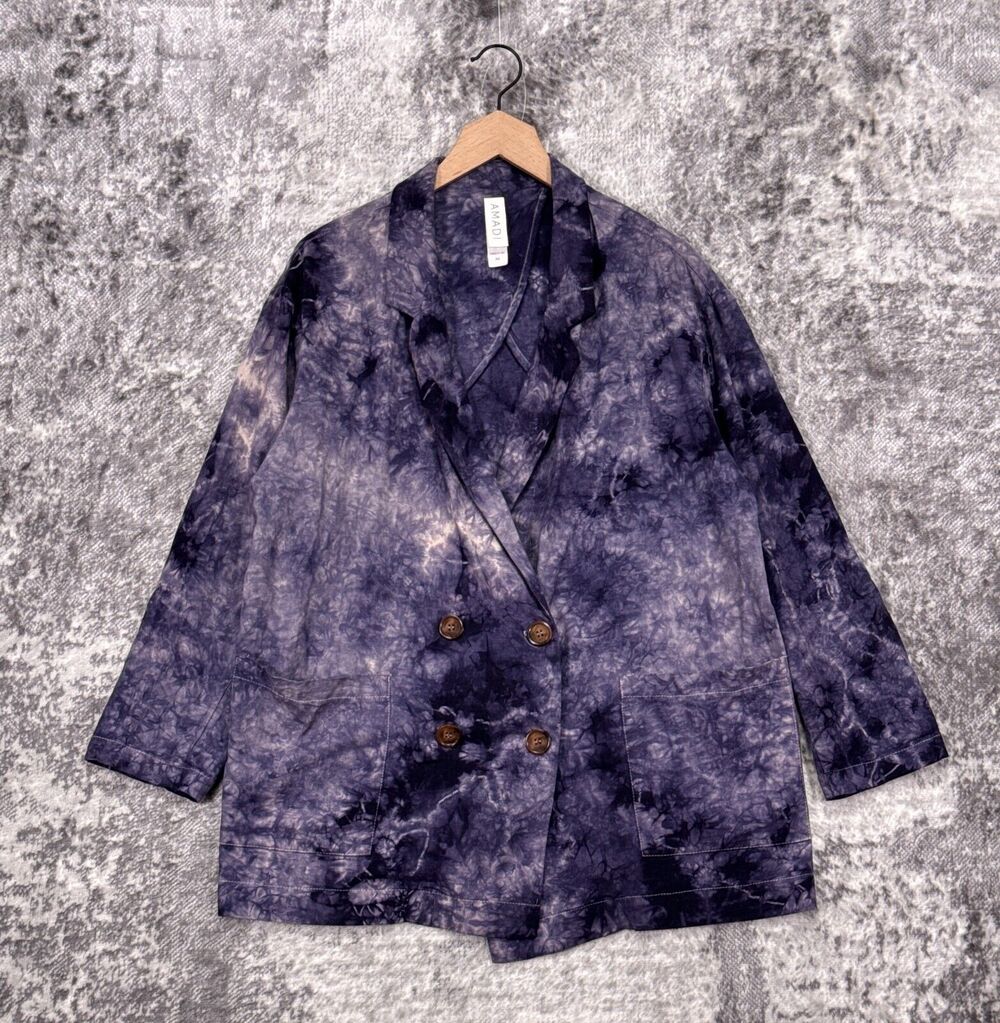 Anthropologie Jacket Medium Womens Purple Tie Dye Linen Woven Double Breasted